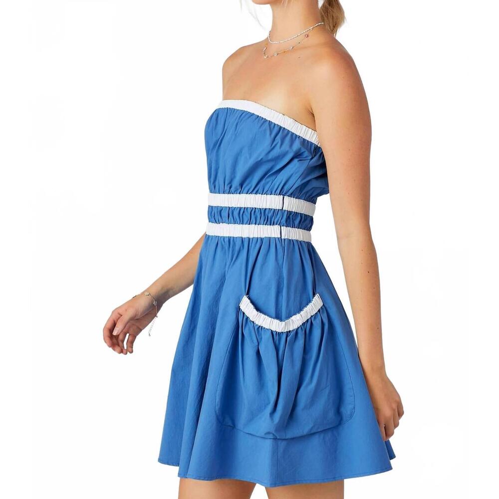 NEW BABY PINK contrast gathered oversized pocket tube dress in blue/white